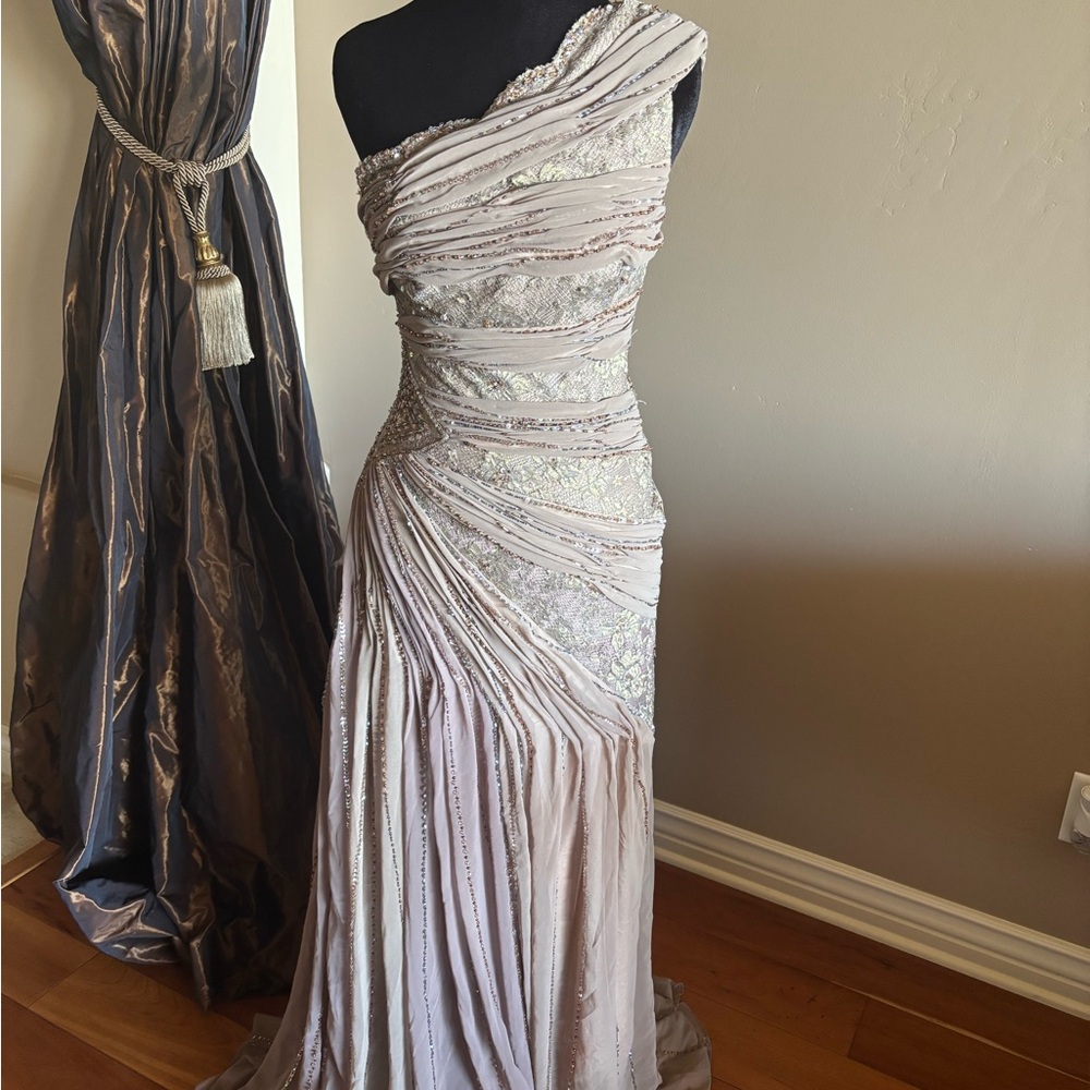 One-Shoulder Ivory Evening Gown with Beaded Detail